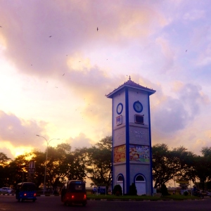 Ampara clock tower in evening sunlight. 